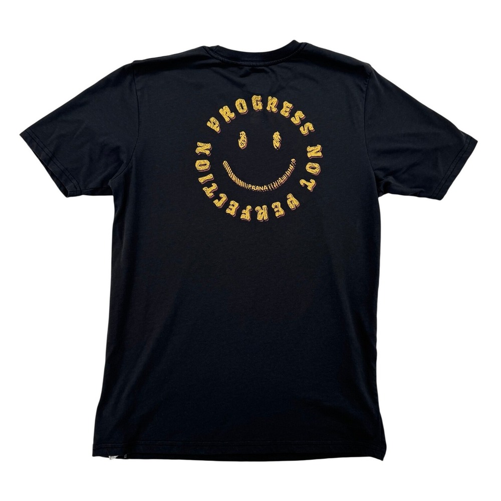 prAna Graphic Tee Mens Small Black Excellent Progress Not Perfection Smiley Face